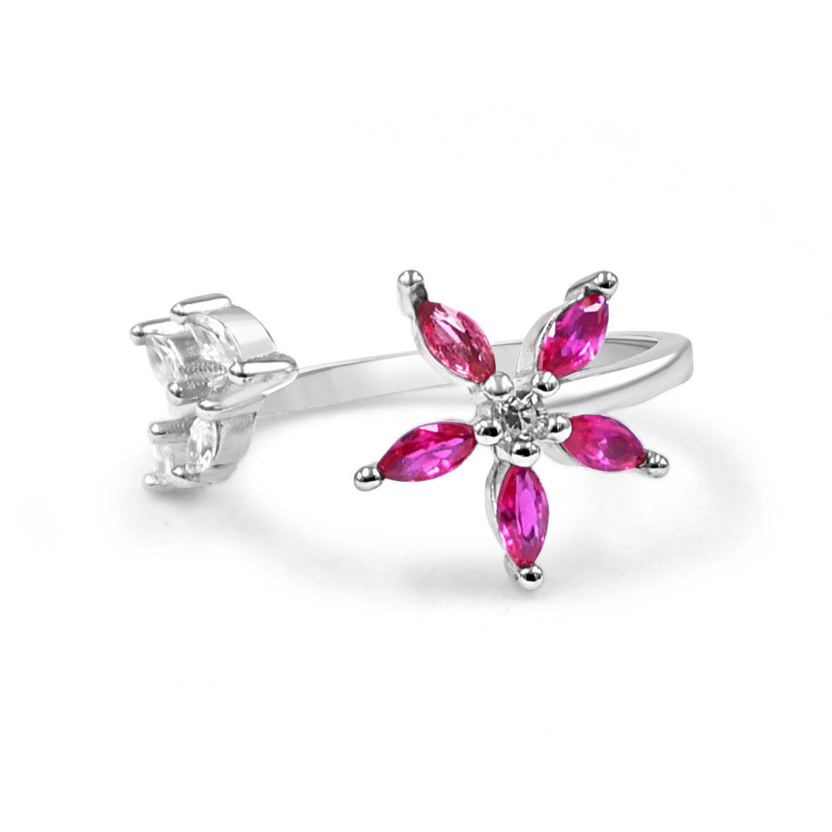 92.50 Silver Flower Ring 6 Red stone - Silver-Silver